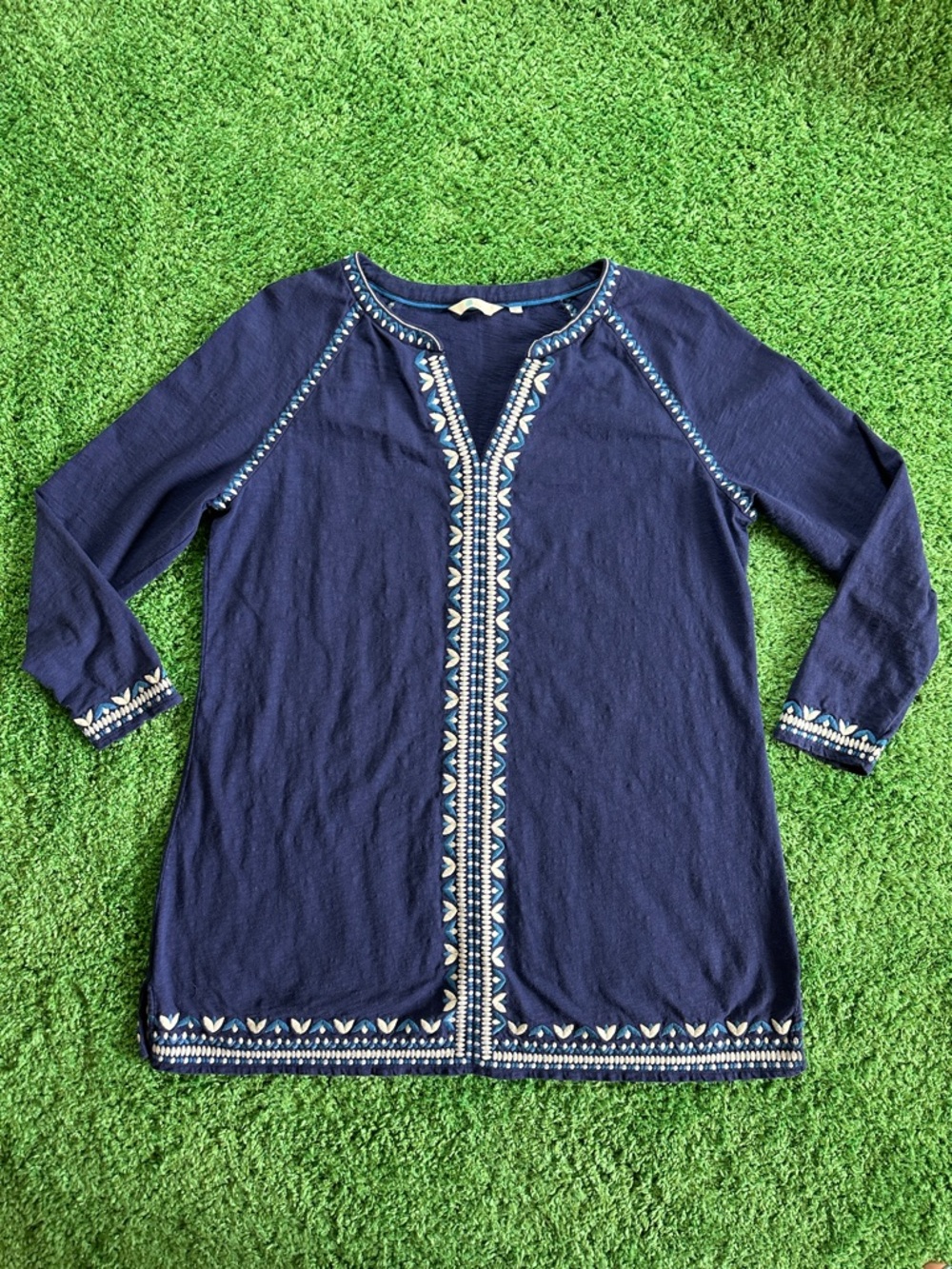 Boden Edie Embroidered Kaftan Tunic Dress Blue & White Embroidered Size XL